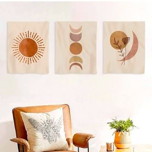 Bohemian Hippie Set of Floral Moon & Sun Wall Tapestries Room/Balcony/Dorm Decor